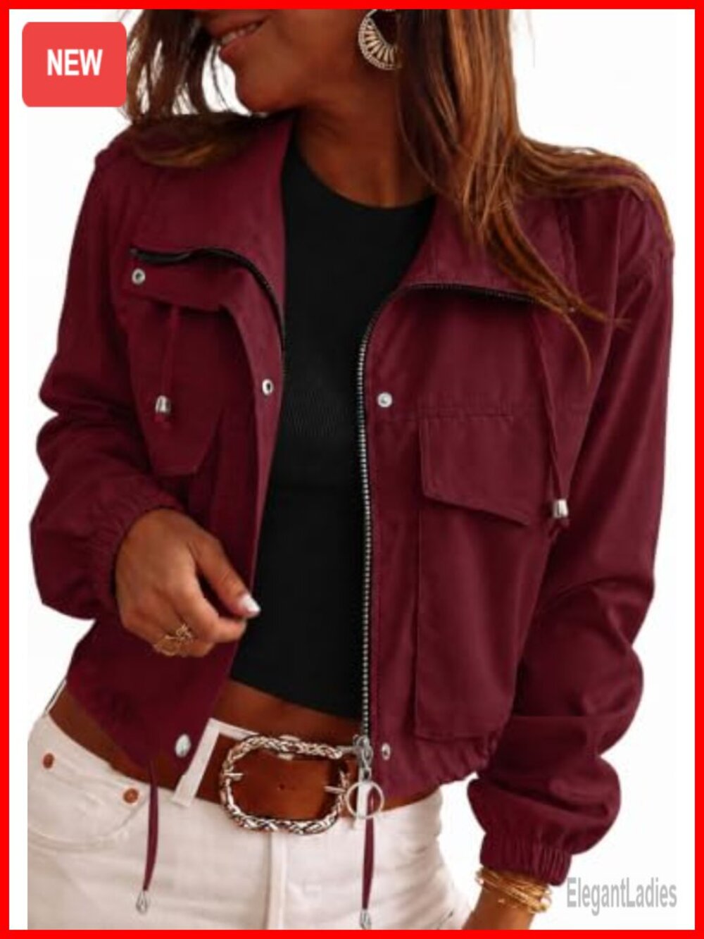 Women's Cropped Lightweight 100% Polyester Utility Bomber Jacket Zip Up Pockets